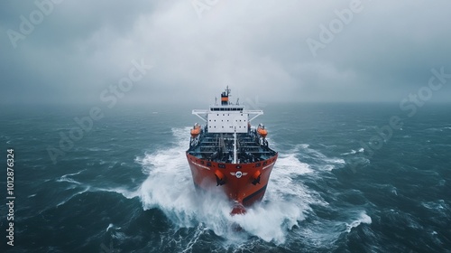 Cargo ship navigating through turbulent waters under a stormy sky. photo