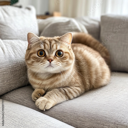 Closeup of a cute cat on a couch orange tabby cozy furniture with pillows kitten cat portrait face and paws relaxing laying down looking at camera with copy space