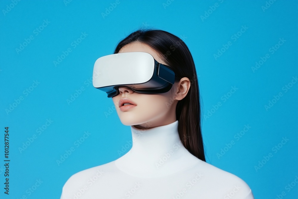 A woman wearing a VR headset against a blue background. A woman wearing a VR headset against a blue background.
