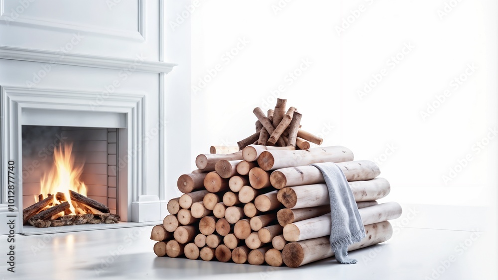 Photorealistic pile of firewood neatly stacked near a cozy fireplace Photorealistic pile of firewood neatly stacked near a cozy fireplace