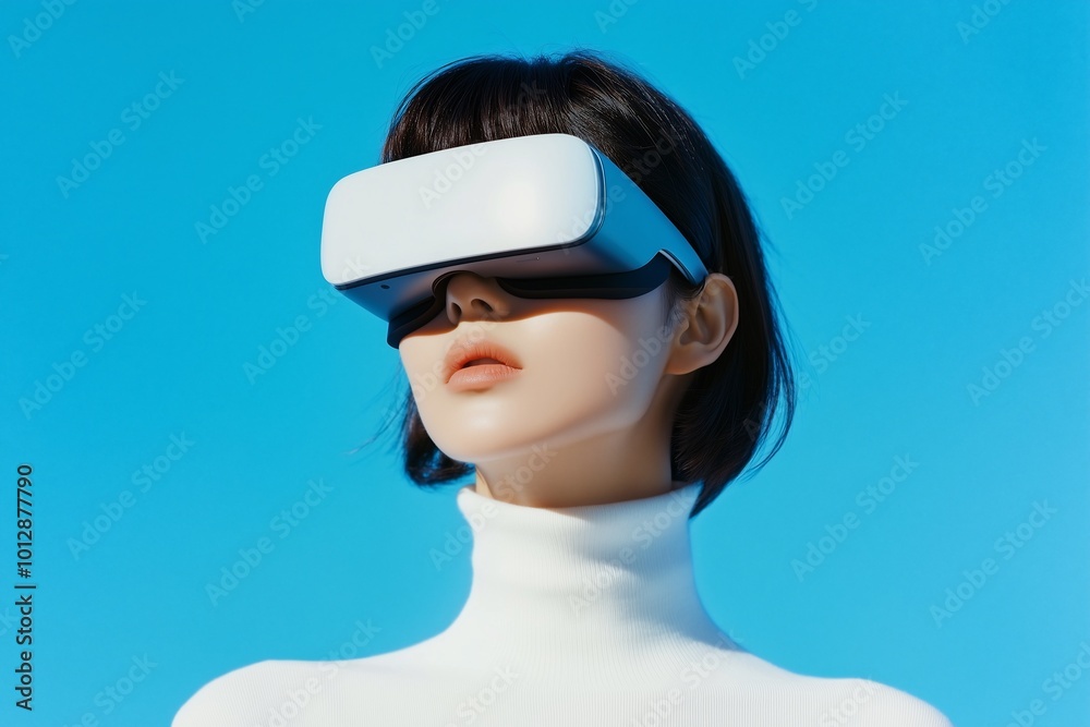 A person wearing virtual reality goggles against a clear blue sky. A person wearing virtual reality goggles against a clear blue sky.