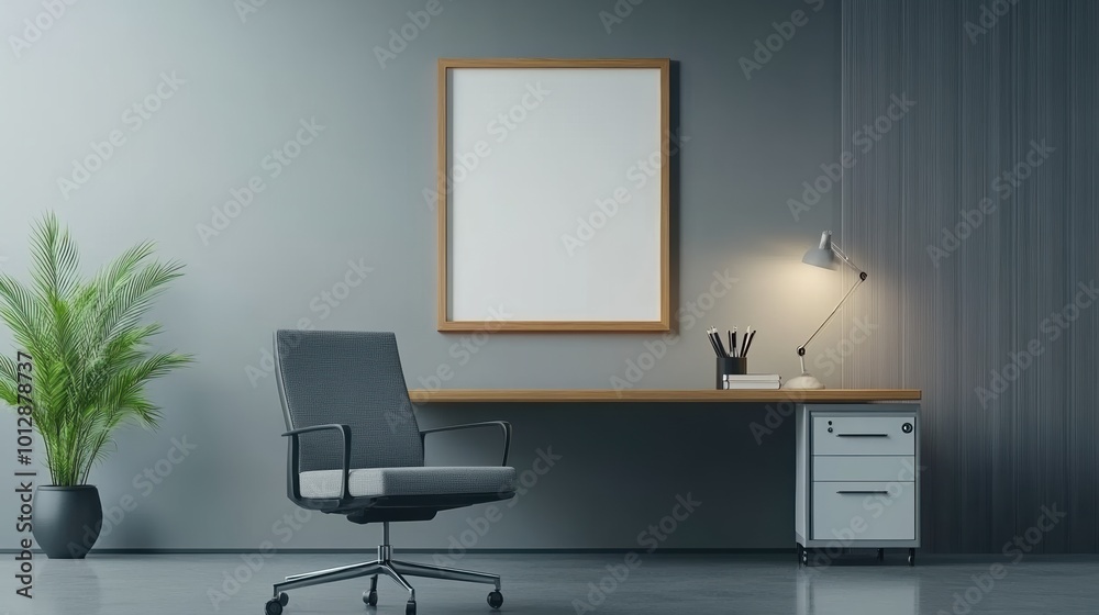 Modern office setup featuring a desk, chair, lamp, and plant against a gray wall. Modern office setup featuring a desk, chair, lamp, and plant against a gray wall.