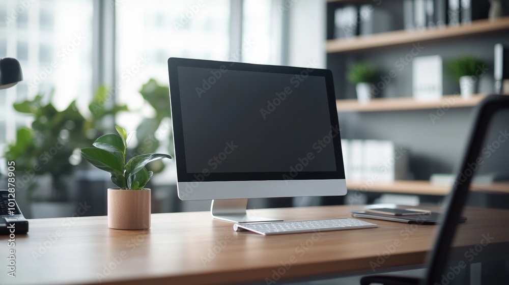 Modern office workspace with a computer and a potted plant on a wooden desk. Modern office workspace with a computer and a potted plant on a wooden desk.