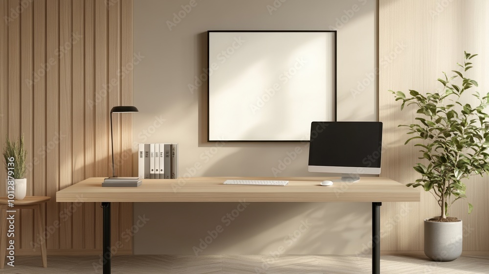 Modern office workspace with computer, lamp, and minimalistic decor. Modern office workspace with computer, lamp, and minimalistic decor.