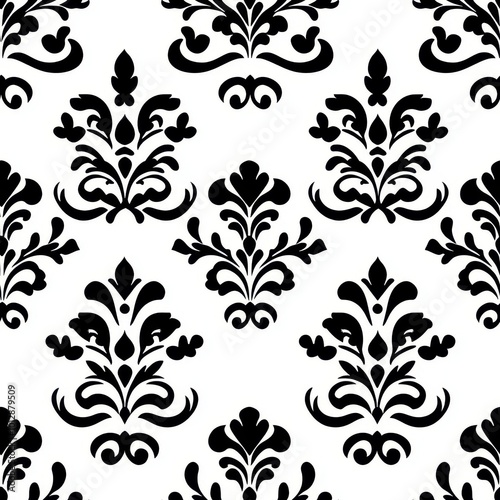 A sophisticated black and white damask pattern featuring intricate floral designs, perfect for elegant decor themes.