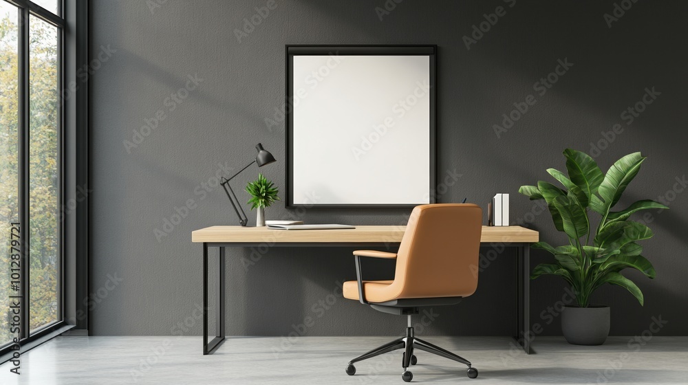 Modern workspace with a desk, chair, lamp, and plant against a dark wall. Modern workspace with a desk, chair, lamp, and plant against a dark wall.