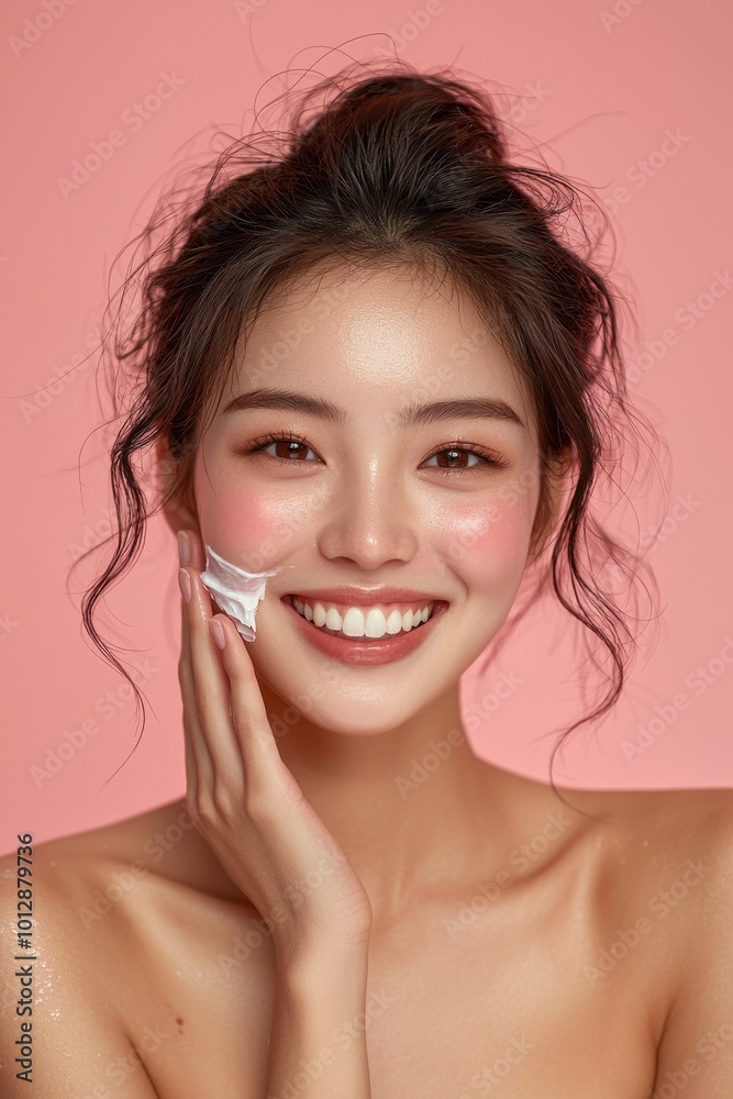 Young woman with flawless skin smiling and applying cream against a pink background for skin care and beauty Young woman with flawless skin smiling and applying cream against a pink background for skin care and beauty