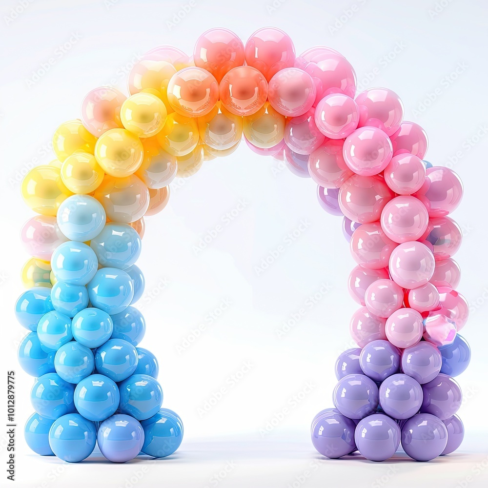 Fototapeta premium Colorful Pastel Balloon Arch for Celebrations, Vibrant balloon arch in pastel colors, featuring shades of blue, pink, yellow, and purple, ideal for festive events and parties.