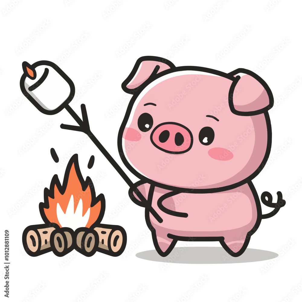 A cute pink pig with rosy cheeks and big, round eyes is standing upright. The pig is holding a long stick with a marshmallow at its end, which
is being roasted over a small campfire A cute pink pig with rosy cheeks and big, round eyes is standing upright. The pig is holding a long stick with a marshmallow at its end, which
is being roasted over a small campfire