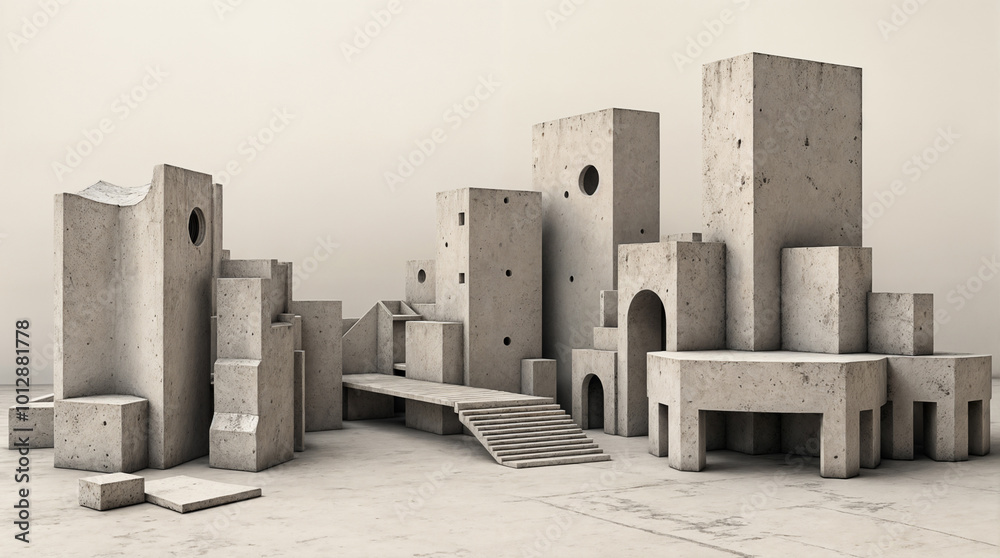 Obraz premium Brutalist concrete architecture surrounded by natural rocks