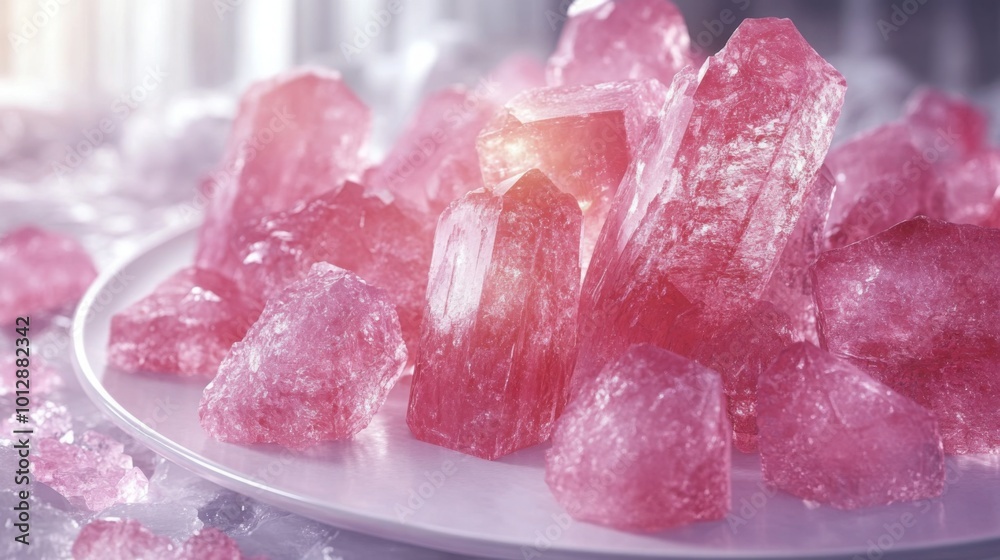 Elegant Display of Rose Quartz Crystals on a White Plate for Decorative or Healing Use Elegant Display of Rose Quartz Crystals on a White Plate for Decorative or Healing Use