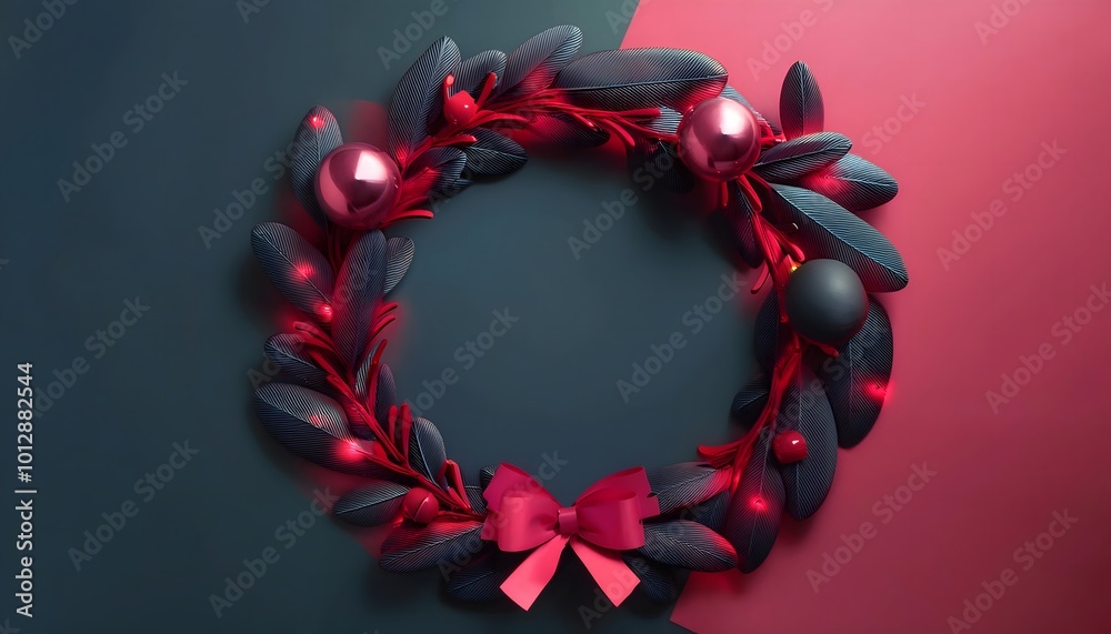 Red and black Christmas background concept Red and black holiday wreath with glowing lights. Red and black Christmas background concept Red and black holiday wreath with glowing lights.