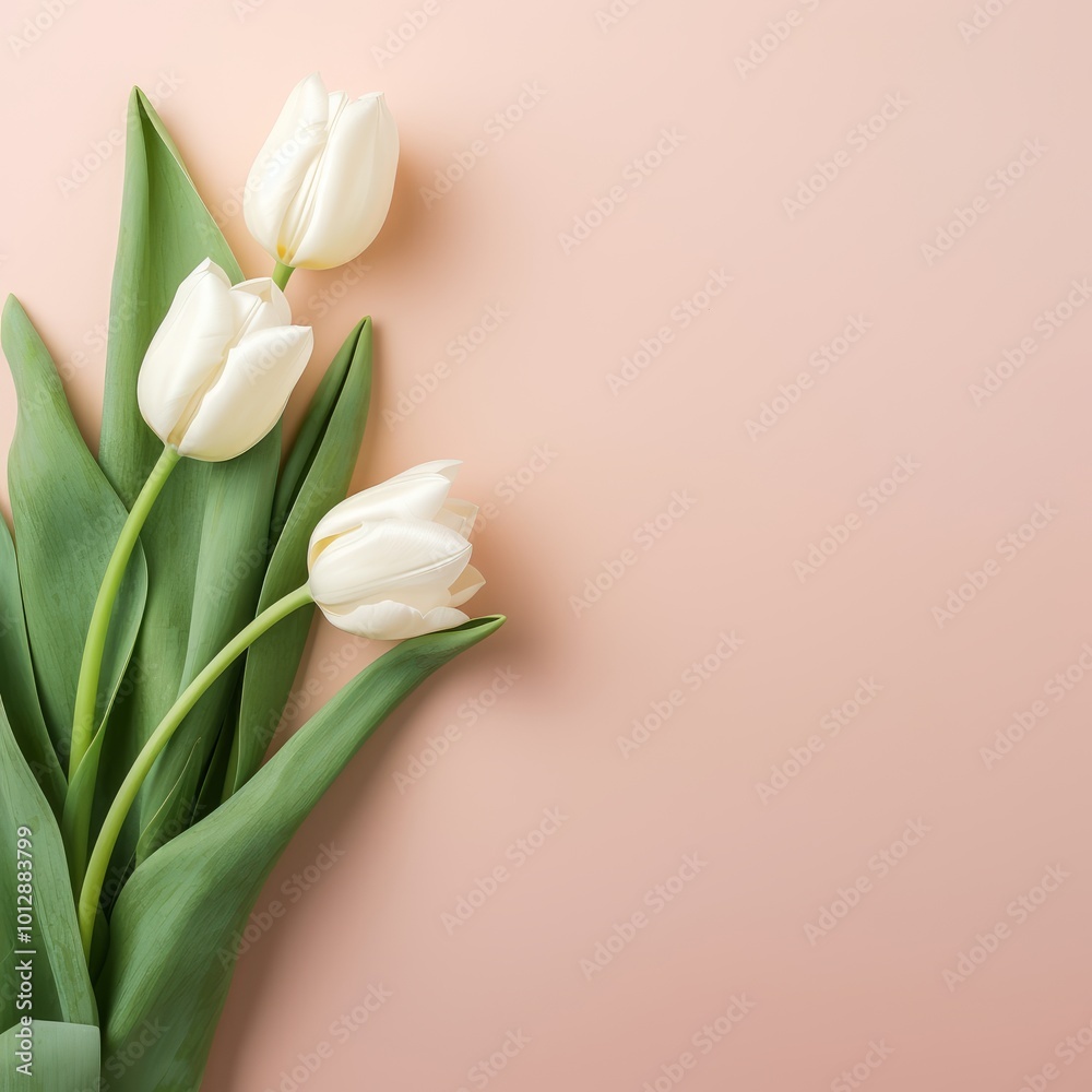 Top View of Elegant White Tulips with Empty Space With Minimalistic Background. Top View of Elegant White Tulips with Empty Space With Minimalistic Background.