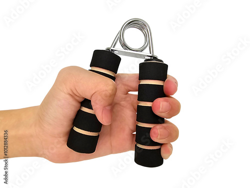 Hand grip exercise tool for improving arm and muscle strength, isolated on white background with clipping path. Holding hand strengthener or finger exerciser. photo