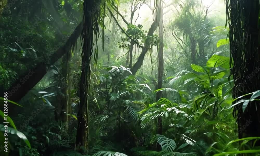 lush rainforest filled with bright green leaves, cascading vines, speckled sunlight, and foggy air.