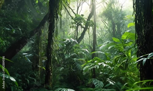 lush rainforest filled with bright green leaves, cascading vines, speckled sunlight, and foggy air.