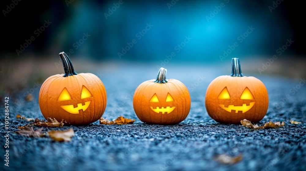 Fototapeta premium Abandoned train station filled with glowing pumpkins eerie mist creeping through the tracks