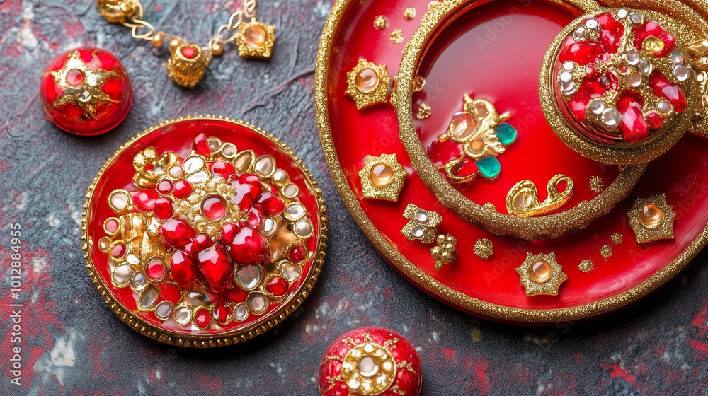 Red and gold plates with decorative sweets and jewels on display Red and gold plates with decorative sweets and jewels on display