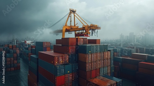 Wallpaper Mural Container crane operating amid stacked cargo boxes under a stormy sky. Torontodigital.ca