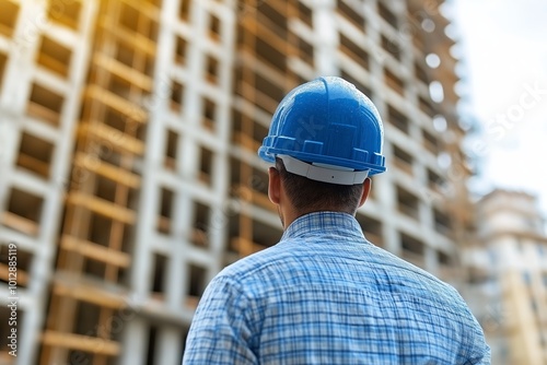 Man wearing a blue hard hat stands in front of a building. He is wearing a blue shirt with a plaid pattern. happy of team construction worker working at construction site