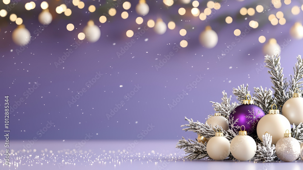Festive arrangement of snow-covered Christmas ornaments and pine branches on a purple background with soft bokeh lights Festive arrangement of snow-covered Christmas ornaments and pine branches on a purple background with soft bokeh lights