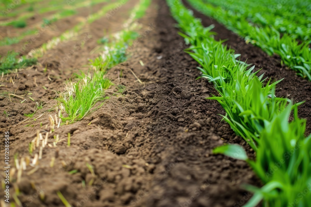 A field of green plants with brown dirt in between, generative ai image A field of green plants with brown dirt in between, generative ai image