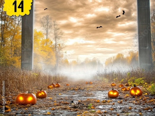 Abandoned warehouse with glowing pumpkins scattered among the machinery eerie mist creeping through the halls photo