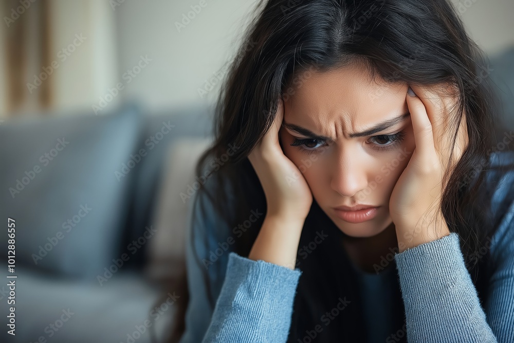 Woman is sitting on a couch and is looking at the camera. She is wearing a blue sweater and has her hands on her head. World Mental Health Day, Woman is sitting on a couch and is looking at the camera. She is wearing a blue sweater and has her hands on her head. World Mental Health Day,