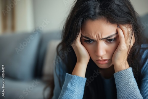 Woman is sitting on a couch and is looking at the camera. She is wearing a blue sweater and has her hands on her head. World Mental Health Day,