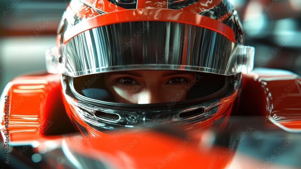 Close-up of a race car driver in a helmet, showcasing determination and focus.