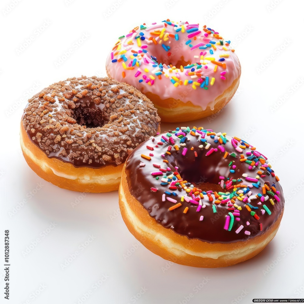 three donuts with chocolate frosting and sprinkles three donuts with chocolate frosting and sprinkles