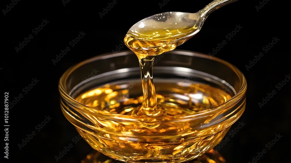 Spoon Lifting Glowing Honey from a Bowl Spoon Lifting Glowing Honey from a Bowl