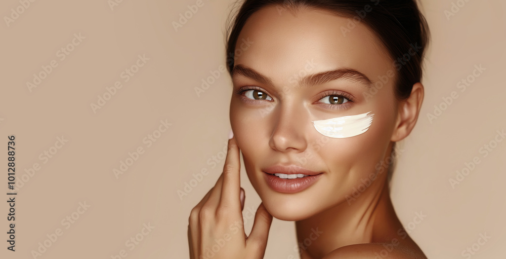 Beautiful brunette with tanned skin applies facial skin care cream. Beautiful brunette with tanned skin applies facial skin care cream.