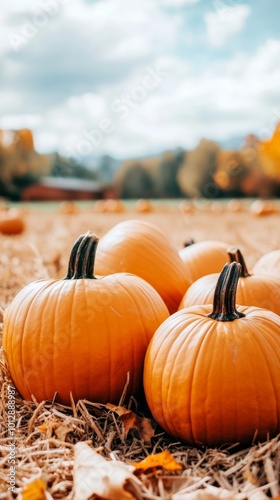 Haunted farm with glowing pumpkins scattered across the fields eerie mist rising from the ground photo