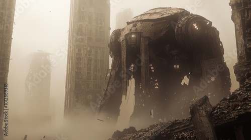 Futuristic Hostile AI - Towering Robot Surveying Devastation in Ray Tracing Concept Art