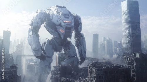 Apocalypse Sentinel - Futuristic Ray Tracing Hostile AI Concept Art of Towering Robot Surveying Devastation Below on Ruined Building