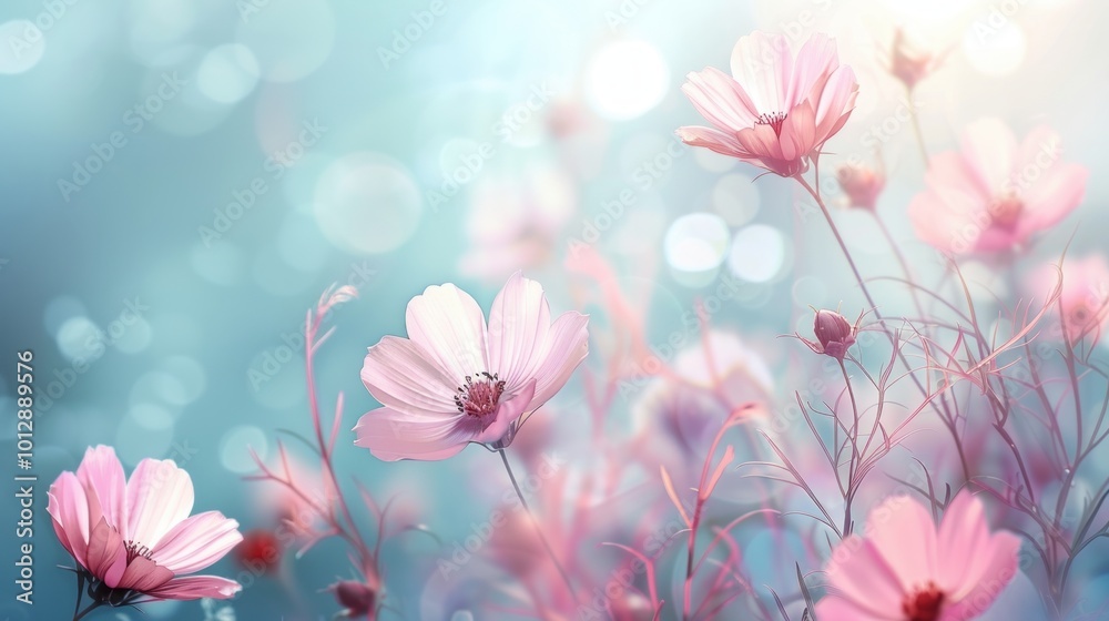 Pink Floral Symphony Over Soft Hues: A Tranquil Banner for Summer