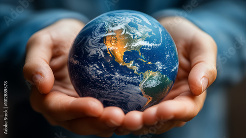 Hands holding Earth globe, focusing on North and South America continents