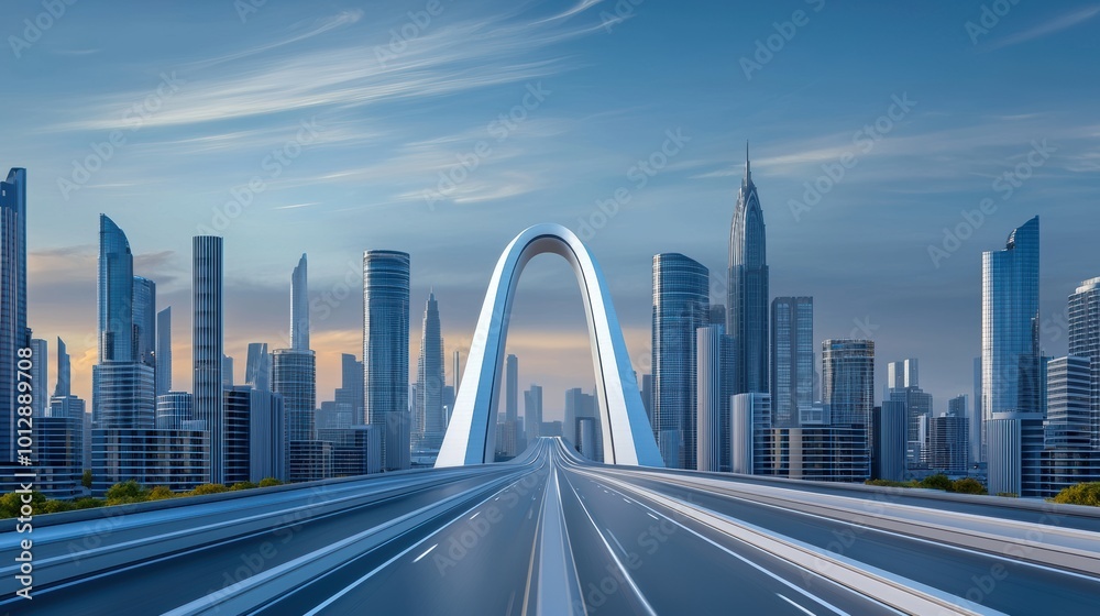 Fototapeta premium modern bridge spans futuristic city skyline, showcasing sleek skyscrapers and vibrant atmosphere. scene captures essence of urban development and innovation