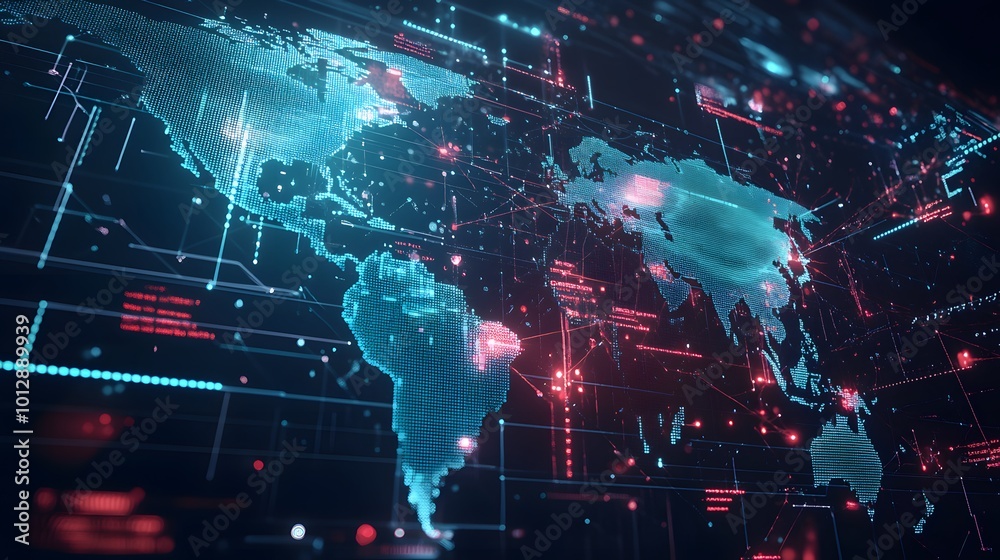 Fototapeta premium Abstract digital world map, concept of global network and connectivity, featuring elements of artificial general intelligence, high-speed data transfer, and cyber technology