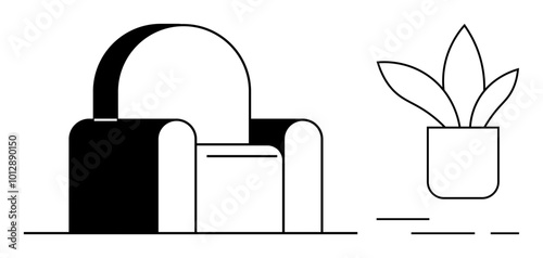A clean, minimalist design showcasing a modern armchair and a potted plant. Ideal for home decor, interior design, minimalism, comfort, and relaxation themes. Simple black and white vector style