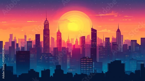 Vibrant Sunset Over City Skyline Silhouette