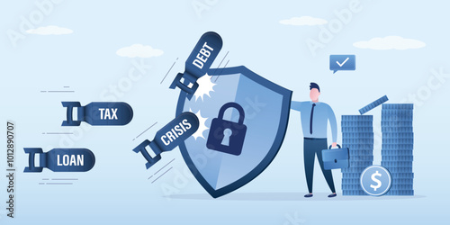 High level security, wealth protection, saving guard in financial and economic crisis, confident businessman with strong shield to protect money coins stack from crisis bombs.