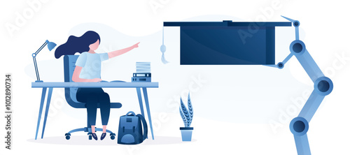 Schoolgirl studying at workplace. Female student sitting at desk and read book. robot arm give graduation hat, chat bot helping learning, innovation technologies in education.
