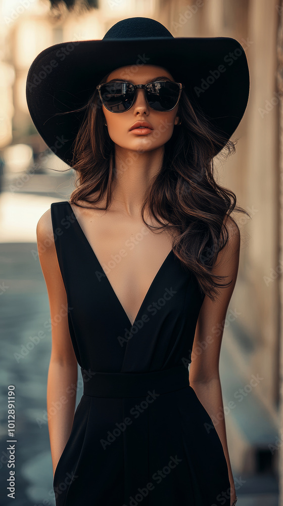 A woman in a black dress and hat is walking down a street. Concept of elegance and sophistication, as the woman is dressed in a stylish outfit and is wearing sunglasses A woman in a black dress and hat is walking down a street. Concept of elegance and sophistication, as the woman is dressed in a stylish outfit and is wearing sunglasses