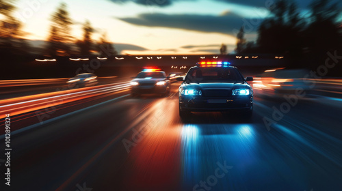 A police car is driving down a highway with other cars in the background