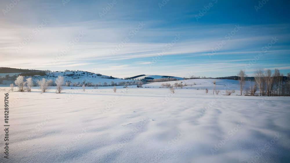 A winter landscape with trees and mountains in the distance on an endless plain covered with snow. A clear sky and white clouds A winter landscape with trees and mountains in the distance on an endless plain covered with snow. A clear sky and white clouds