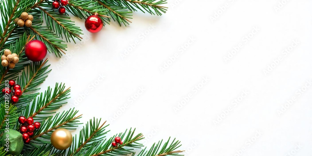 Green pine tree branches with Christmas ornaments on a white background Green pine tree branches with Christmas ornaments on a white background