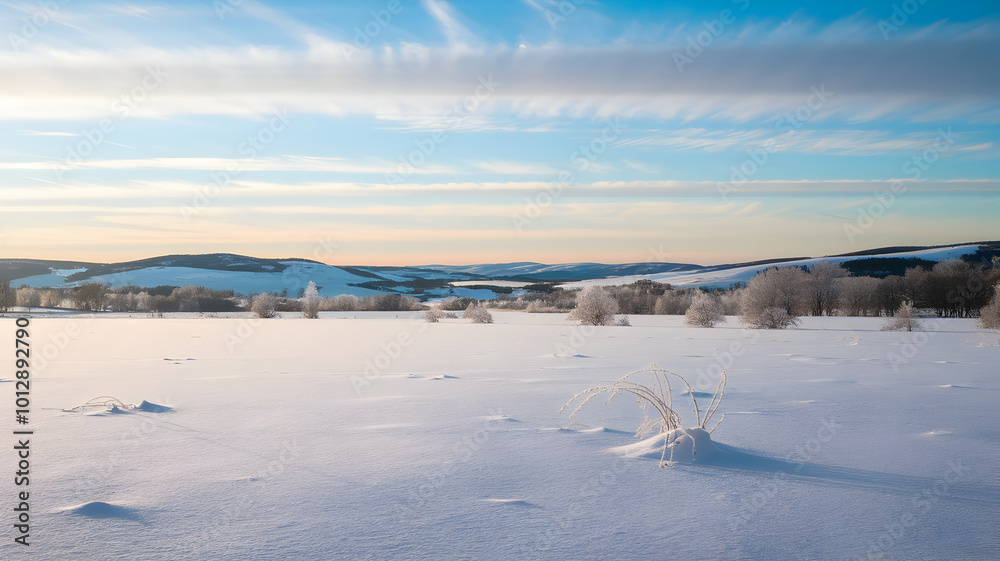 A winter landscape with trees and mountains in the distance on an endless plain covered with snow. A clear sky and white clouds A winter landscape with trees and mountains in the distance on an endless plain covered with snow. A clear sky and white clouds
