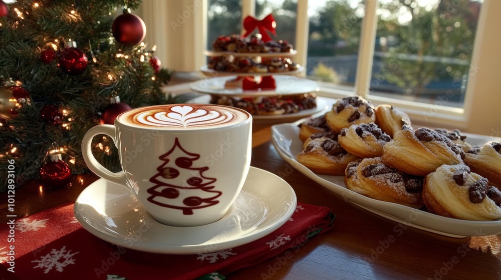 Delightful Christmas Coffee and Pastries in a Cozy Festive Setting Delightful Christmas Coffee and Pastries in a Cozy Festive Setting